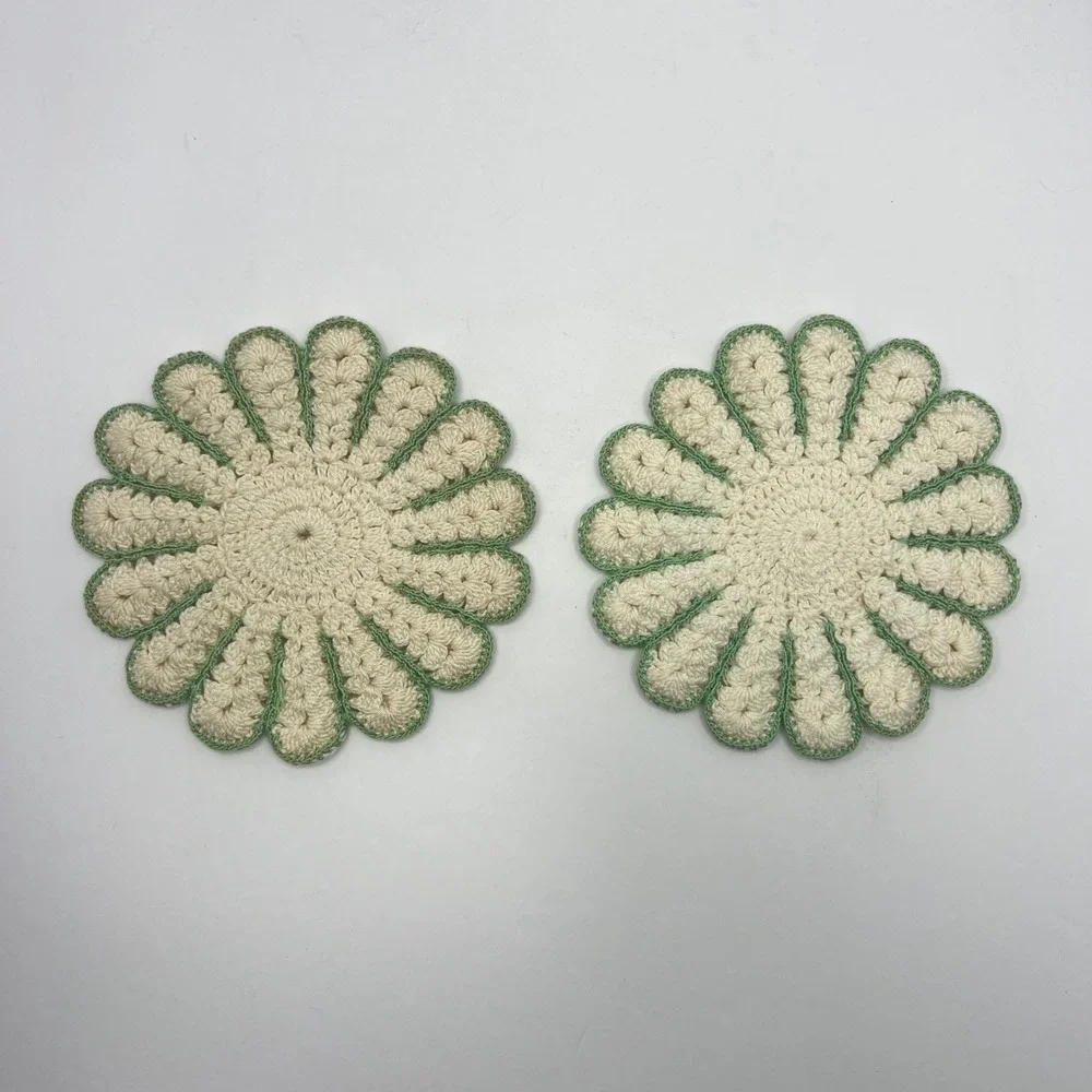Handmade Crochet Daisy Coasters Set of 2 Vintage Floral Retro Boho Grandma Green